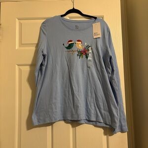 Kim Rogers Light Blue Long-Sleeve Tee with Holiday Bird Motif